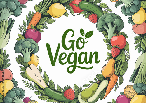 A beautifully illustrated circular arrangement of diverse vegetables represents the promotion of vegan dietary choices, emphasizing freshness and the benefits of plant-based eating.