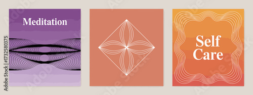 A collection of serene and calming visuals representing meditation and self-care through artistic designs in warm colors and flowing forms, perfect for relaxation themes.