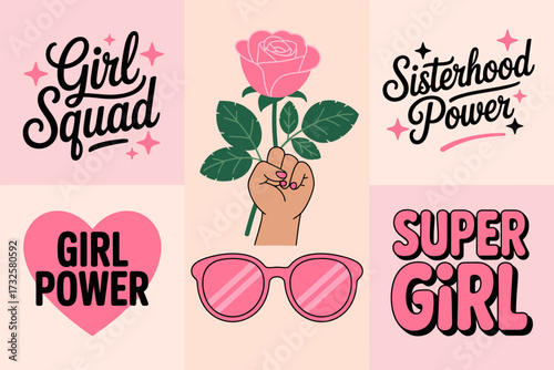 A captivating array of artistic renderings celebrating girl empowerment slogans and motifs, urging positivity and support among women through vivid illustrations.