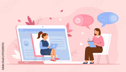 A warm illustration of a virtual counseling session with meaningful dialogue taking place, showcasing an engaging interaction in a nurturing environment.
