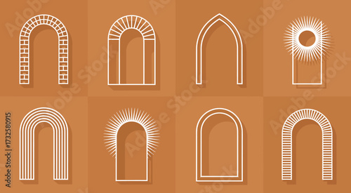 This compelling image showcases various arched window designs in a unique layout, emphasizing the artistic versatility and charm they bring to any aesthetic space or project design.