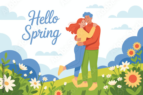 A charming illustration of a couple sharing a loving embrace in a floral spring landscape, reflecting themes of joy, love, and the blossoming beauty of the season.