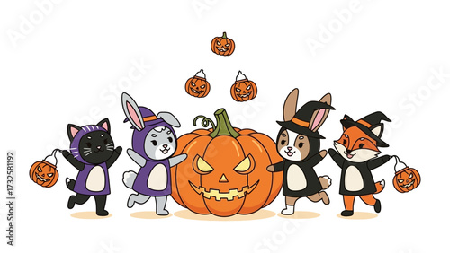 Halloween Crew Gathering: A heartwarming illustration capturing the spirit of Halloween, depicting an adorable collection of animals dressed in festive costumes, gathered around a glowing pumpkin.