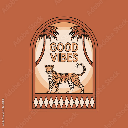 This captivating image features a stylized leopard amidst palm trees, combined with the phrase 'Good Vibes', promoting a sense of joy and fresh energy in modern art.