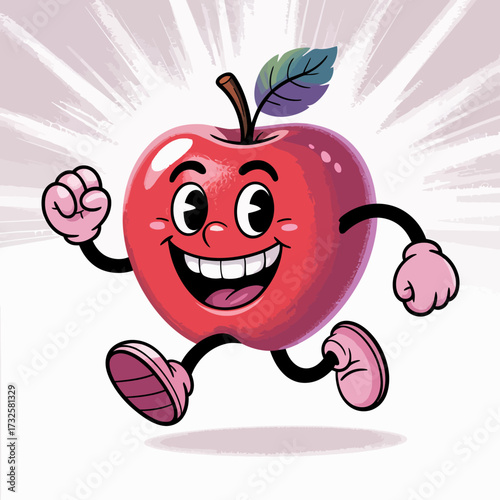 This vibrant cartoon apple character showcases a joyful demeanor, running energetically with a big smile, embodying fun and positivity through its playful design and bright colors.