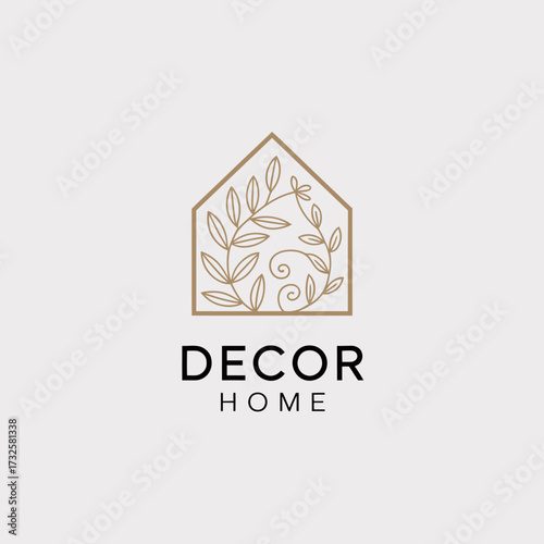 This image features a chic logo design incorporating a house silhouette and natural floral patterns, portraying elegance, nature, and comfort in modern interior design.
