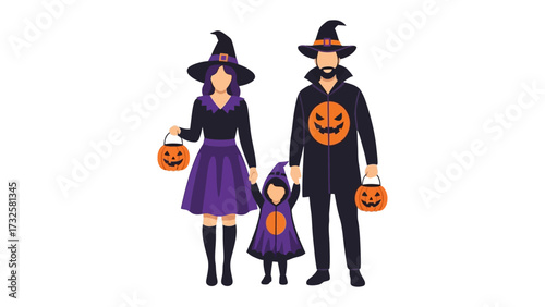 Halloween Family Portrait: A family of three, adorned in festive witch and pumpkin costumes, stands united, capturing the spirit of Halloween with warmth and charm.