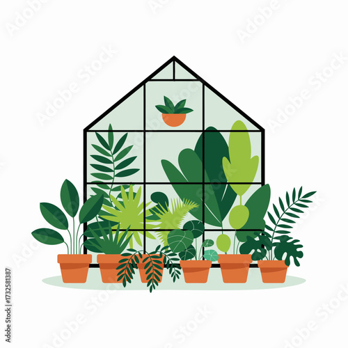A modern greenhouse showcases lush greenery with various plants and pots, reflecting the beauty of nature and the joy of nurturing a home garden.