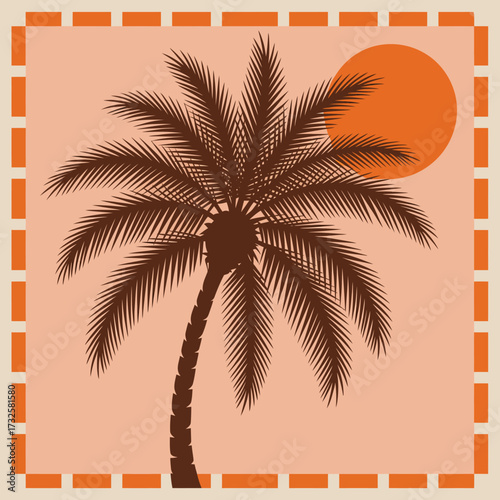 An artistic representation of a palm tree silhouetted against a colorful sunset, evoking a sense of calmness and warmth indicative of tropical getaways and summer memories.