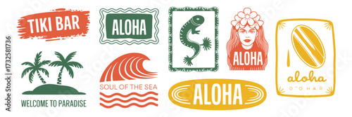 Aloha Hawaii Logo Set with Hand Drawn Tropical Elements, Summer Beach Badges, Surfboards, Ocean Paradise Icons, Exotic Island Calligraphy, Vacation Sticker Vector Design Collection