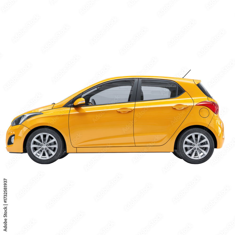 Obraz premium Bright yellow hatchback parked in a modern city setting during daylight hours