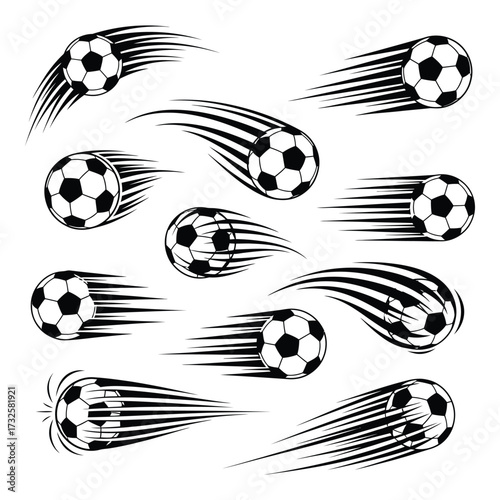 Dynamic soccer ball collection capturing speed and motion with stylized trails for sports design silhouette