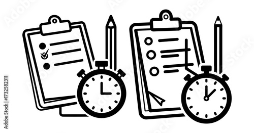 Vector art of line art illustration depicting time management, clipboard, stopwatch and pencil