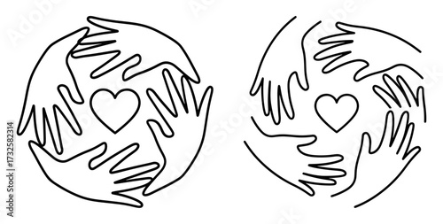 Vector art of hands in a circle with heart symbol of unity, love, and cooperation