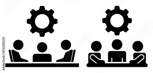 Vector art of business meeting with gear shows teamwork and problem solving in the workplace