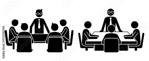 Vector art of business meeting with a leader, people sitting around the table discussing
