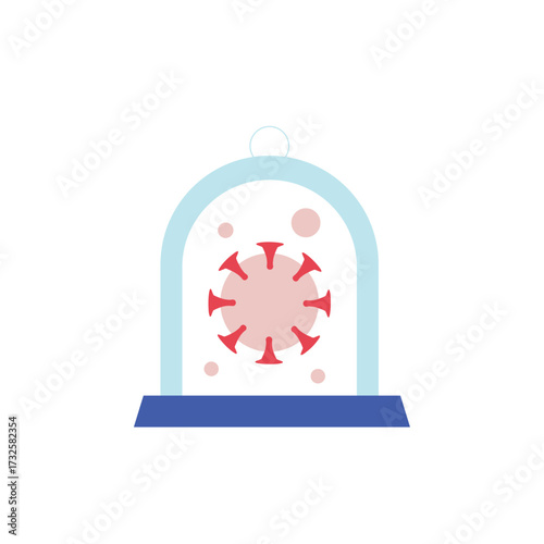 Illustration of a pink coronavirus particle contained within a glass bell jar, isolated on transparent background