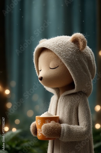 Side profile of calm teddy bear in cozy knitted hoodie holding festive mug with whipped cream, dreamy winter forest background, ideal for holiday cards, Christmas illustrations, seasonal branding