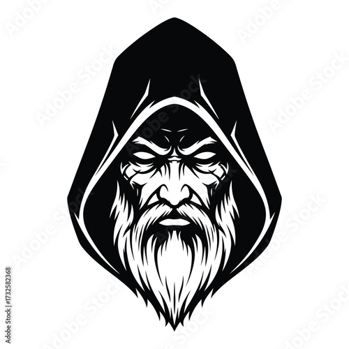 Mysterious hooded wizard face tattoo design symbol ancient wisdom esoteric mystic character art silhouette