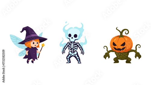 Halloween characters set: A playful assortment of Halloween characters, includes a charming fairy with wings and magic wand, a spectral skeleton, and a spooky pumpkin-headed creature.