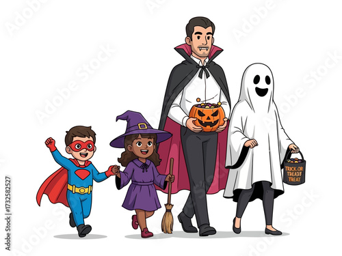 Halloween Night: A lively family dressed in delightful costumes prepares for trick-or-treating, with a spooky vibe and the promise of sweet treats.