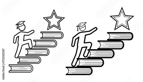 Vector art of education icon showing person climbing stairs made of books to reach a star