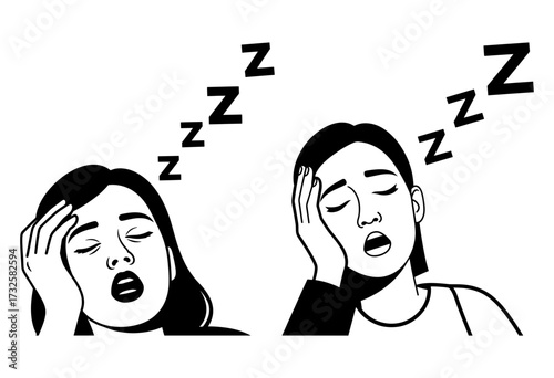 Vector art of two tired woman sleeping soundly with zzz above their heads
