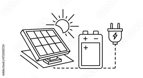 Solar panel energy system diagram for renewable power generation and battery storage vector illustration