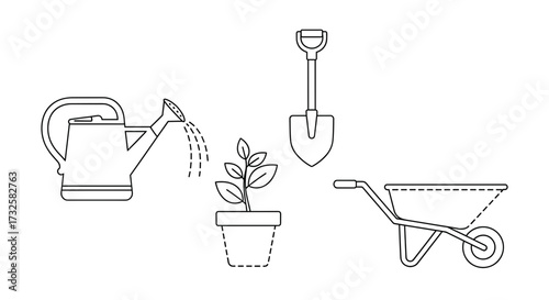 Outline gardening tools and plant illustration for garden care and landscaping design and horticultural concept