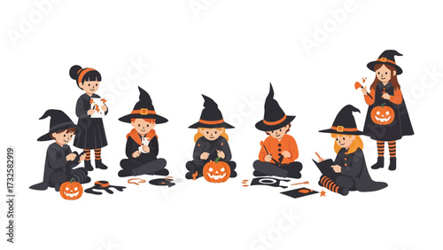 Halloween Fun: Adorable children dressed in whimsical costumes joyfully participate in a creative workshop, carving pumpkins and immersed in the spirit of the season. 