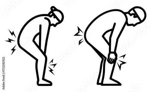 Vector art of stick figures illustrating back pain and knee pain