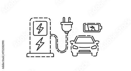 Electric vehicle ev charging station plug in battery renewable energy sustainable transport infrastructure icon