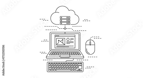 Cloud computing network infrastructure with laptop keyboard and mouse for data storage solutions and backup