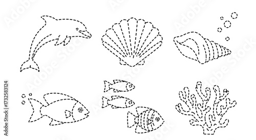 Ocean life outline vector illustration featuring dolphin fish coral seashell and sea elements design art