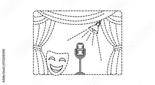 Theater stage with microphone spotlight and comedy mask vector illustration line art for performance