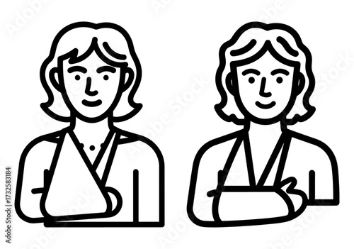 Illustration of a woman with broken arm in sling, front view and side view
