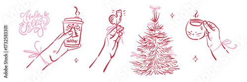 Coquette Christmas elements set - female hands holding a paper cup of coffee, a mug of tea, a cockerel lollipop. Winter whimsical clipart with pink bows. Vector contour hand drawn illustration.