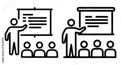 Illustration of a teacher giving a presentation to students, two different styles