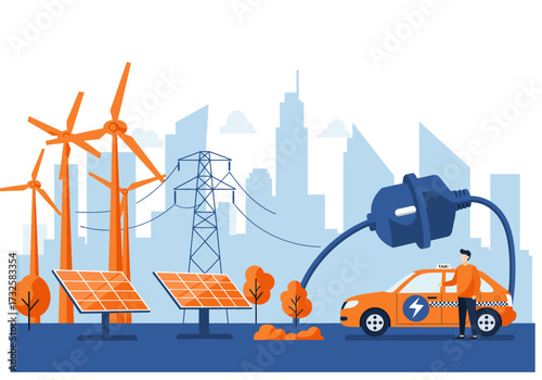 Illustration of renewable energy sources like wind turbines and solar panels powering an electric car in a futuristic city.