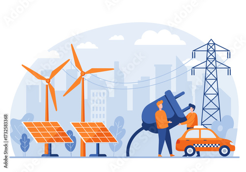 Illustration of renewable energy sources powering a city with electric vehicles.