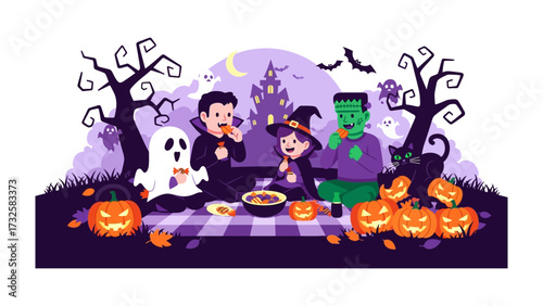 Halloween Picnic: A charming Halloween scene with classic monsters and festive elements. Featuring Dracula, a witch, Frankenstein, and a friendly ghost having a picnic among spooky pumpkins.