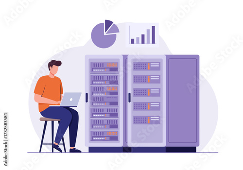 Man working on laptop in front of server racks with data charts.