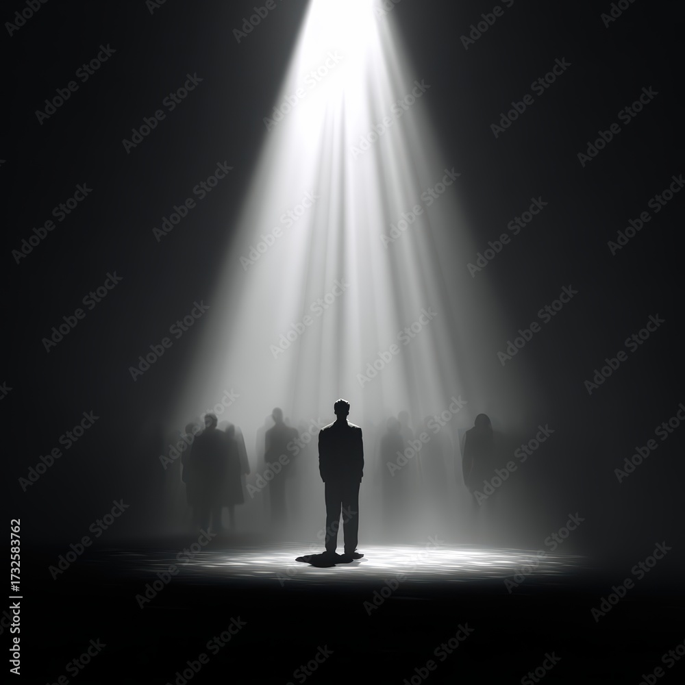 Fototapeta premium Leader Silhouette Standing Alone in a Spotlight with a Dark Background Representing Authority and Isolation