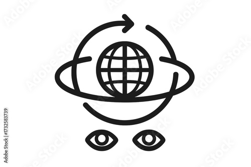 360 degree area view icon. Virtual reality and global immersive experience concept. Panorama vision symbol for metaverse and augmented reality technology. Linear stroke graphic.
