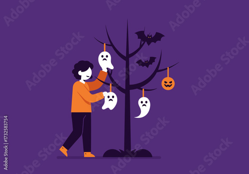 A person decorates a tree with Halloween-themed ornaments, including ghosts and a jack-o'-lantern.