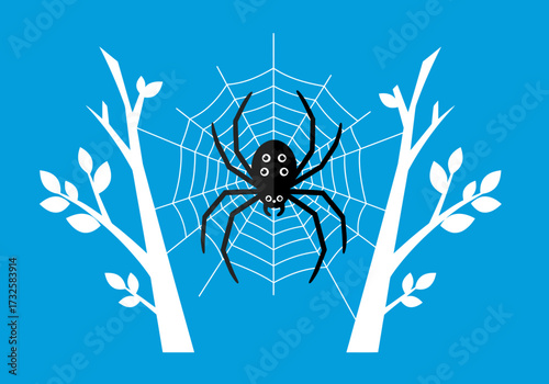 A black spider with four eyes sits in a web between two white trees against a blue background.
