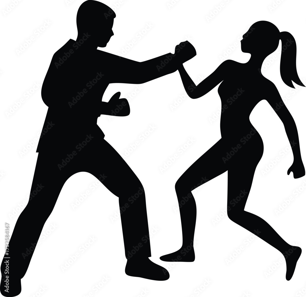 a silhouette of a man and a woman in a fighting