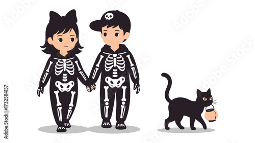 Spooky Companion: Two children, decked out in skeleton costumes, stroll hand-in-hand with their feline companion in a whimsical Halloween illustration.