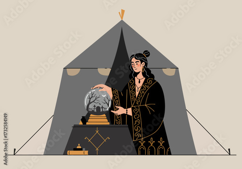 A fortune teller in a tent gazes into a crystal ball, predicting the future.