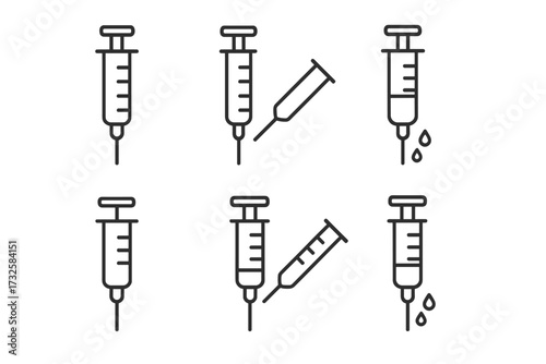Syringe icon set for medical and healthcare design. Vector line pictograms of injection, vaccination, and treatment for web, apps. Minimalist needle and drug symbols.